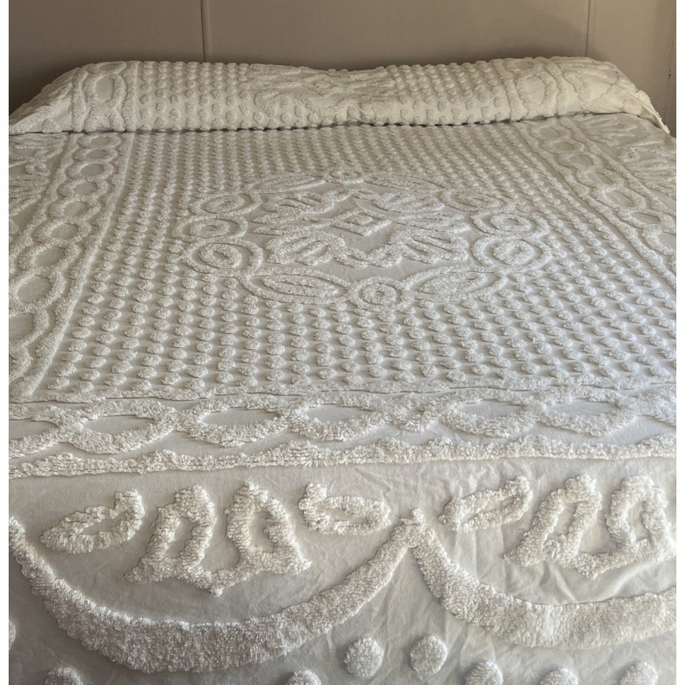 Vintage Chenille 100% Cotton King Sz Cream Fringed Bedspread/Pillow Shams - Picture 10 of 10